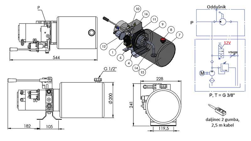 MINI HYDRAULISCH AGGREGAT 12V DC - 1.6kW = 2.1cc - 8 lit - enkele richting montage MET HANDPOMP