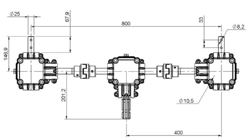 SET VAN TANDWIELKASTEN 1:1.44 (27PK-20KW) VOOR SPREIDER L:800 GEGOTEN IJZER MET VEILIGHEIDSSYSTEEM