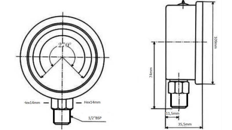 MANOMETRO DN100 VERTICALE 0 - 10 BAR - 1/2-dimensioni