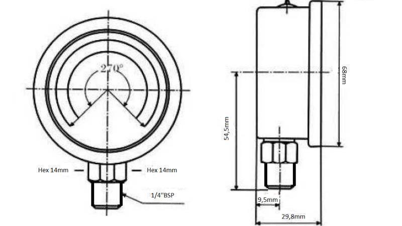 MANOMETER DN63 VERTICAAL 0 - 315 BAR - 1/4-afmetingen